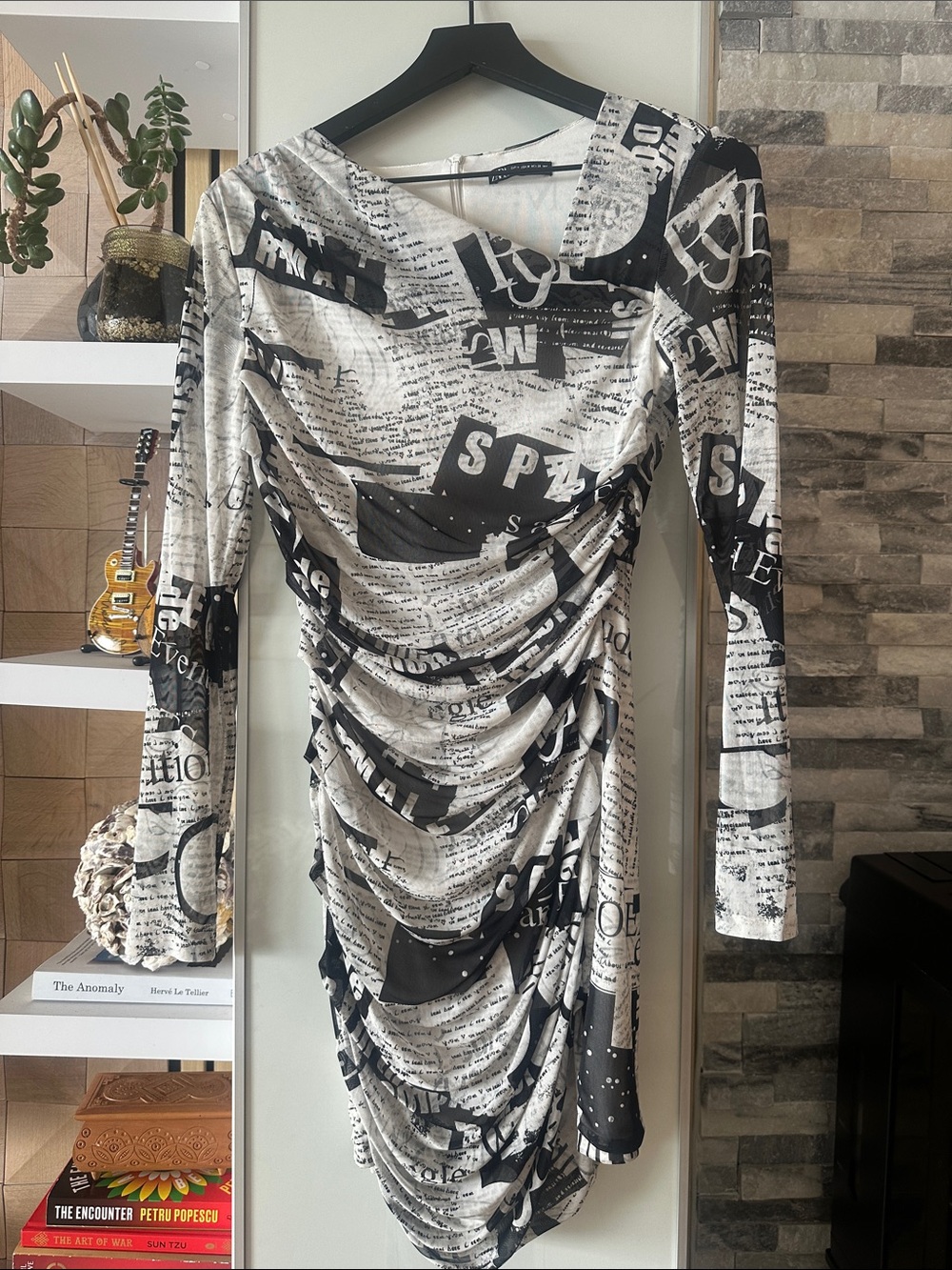 Zara Black & White Ruched Long-Sleeve Newspaper Print Dress